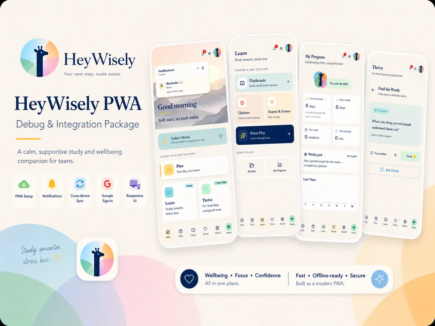 HeyWisely teen wellbeing PWA showing the Wisely companion and hub interface