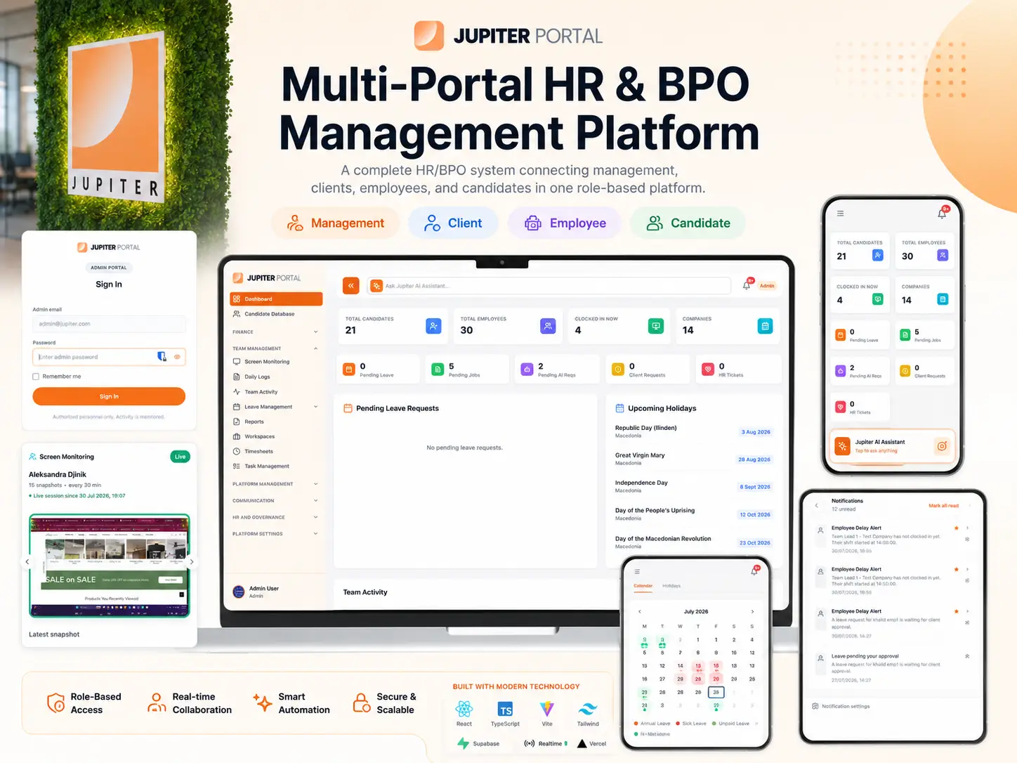 Jupiter Portal admin dashboard showing candidate counts, pending leave and upcoming holidays across desktop and mobile