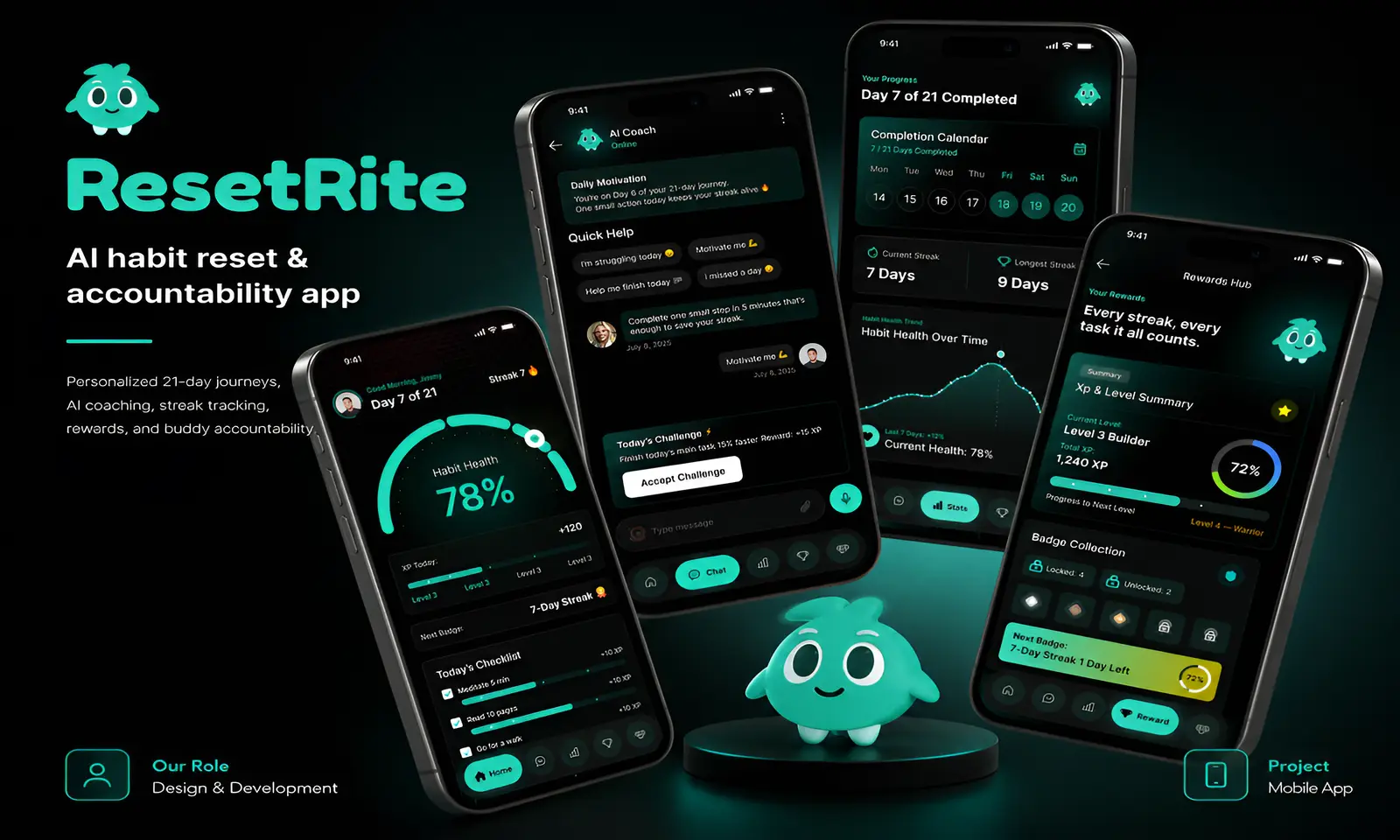 ResetRite marketing hero with phone mockups for the habit-breaking mobile app