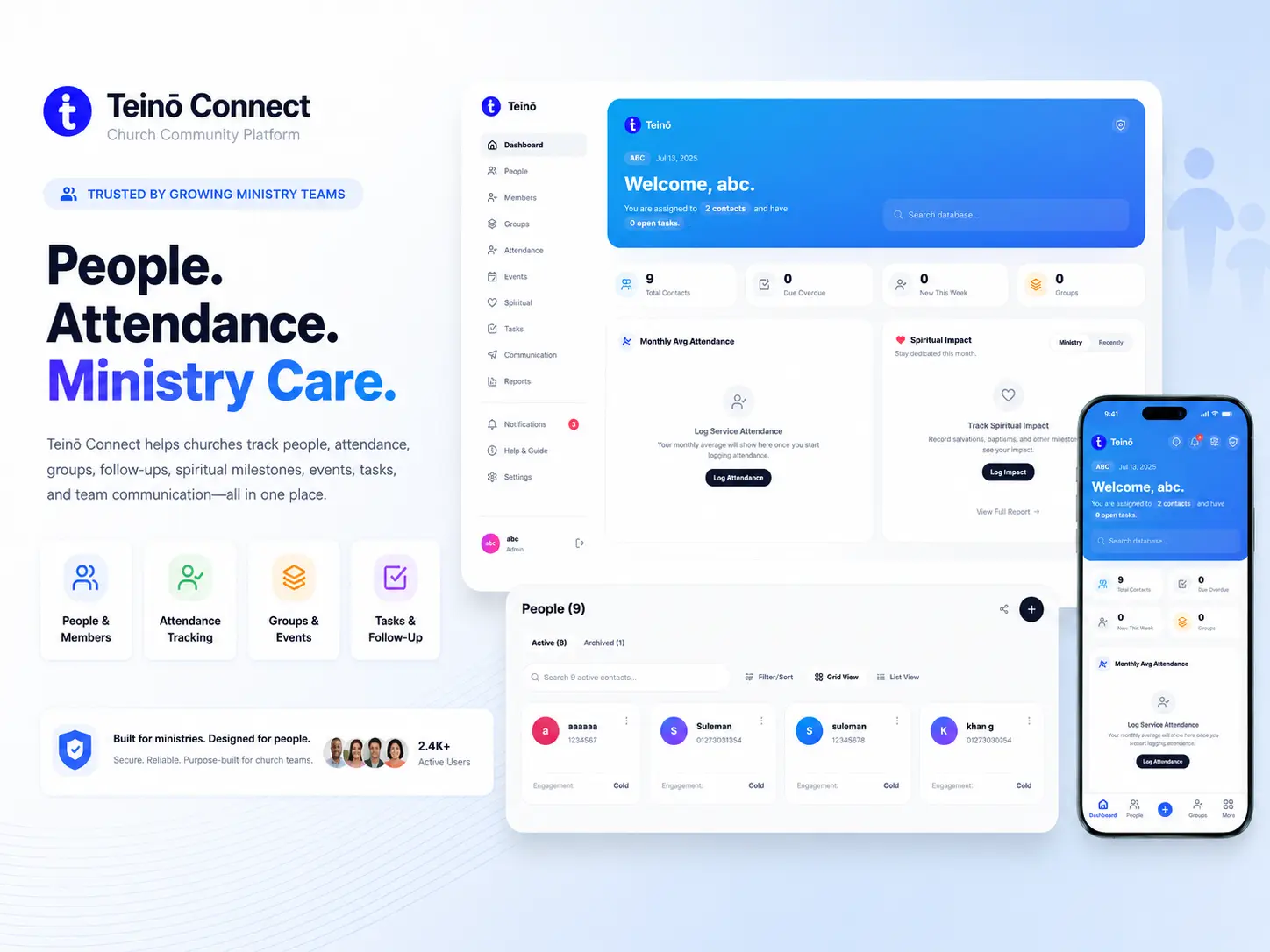 TeinoConnect ministry dashboard with contacts and engagement overview